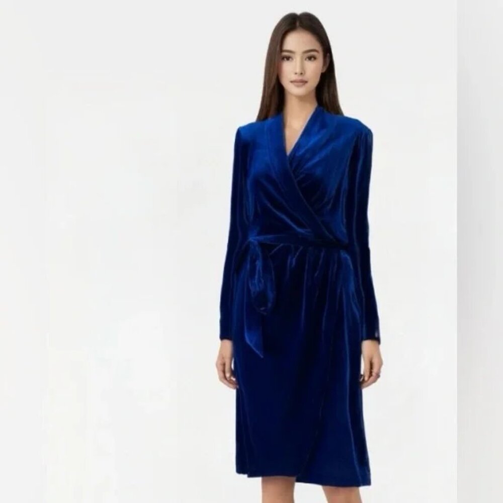 NWOT CALVIN KLEIN Blue Velvet Shawl Collar Belted Dress Royal Blue Dress